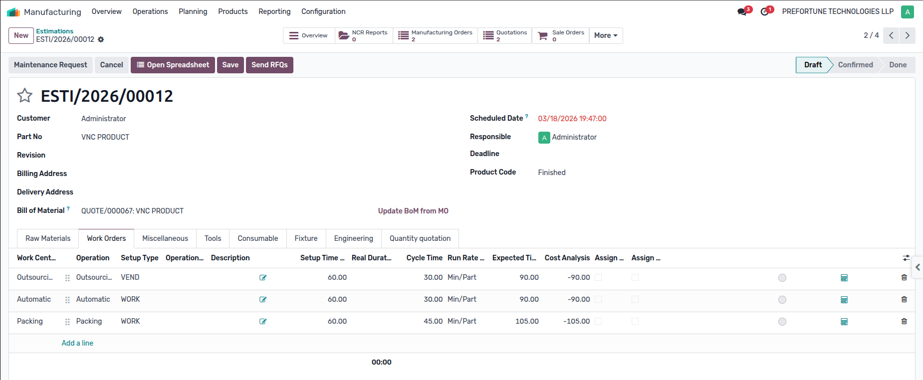 Estimation & Costing demo screen