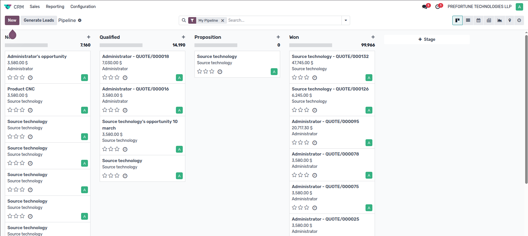 CRM & Quotations demo screen
