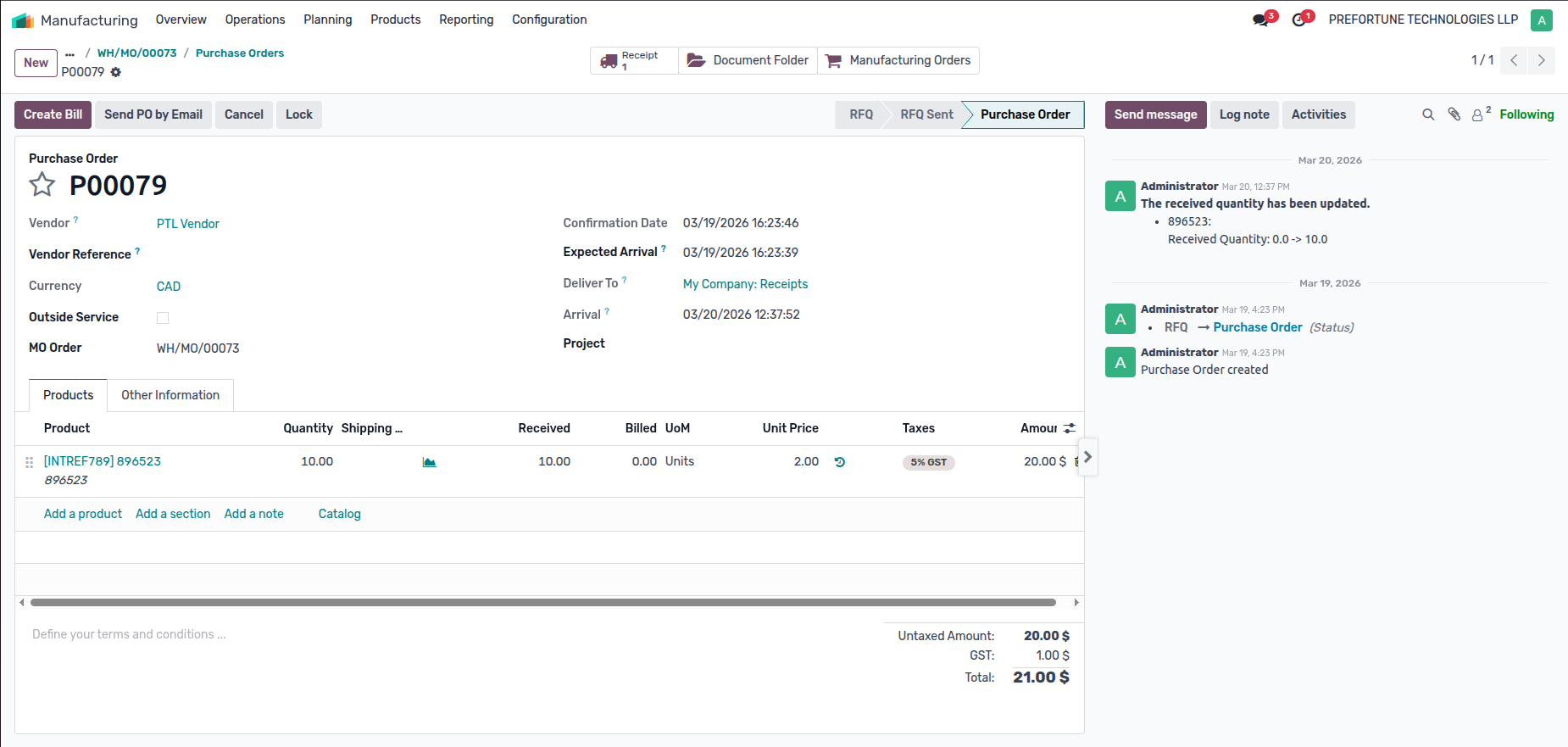 Purchase & Outsourcing demo screen