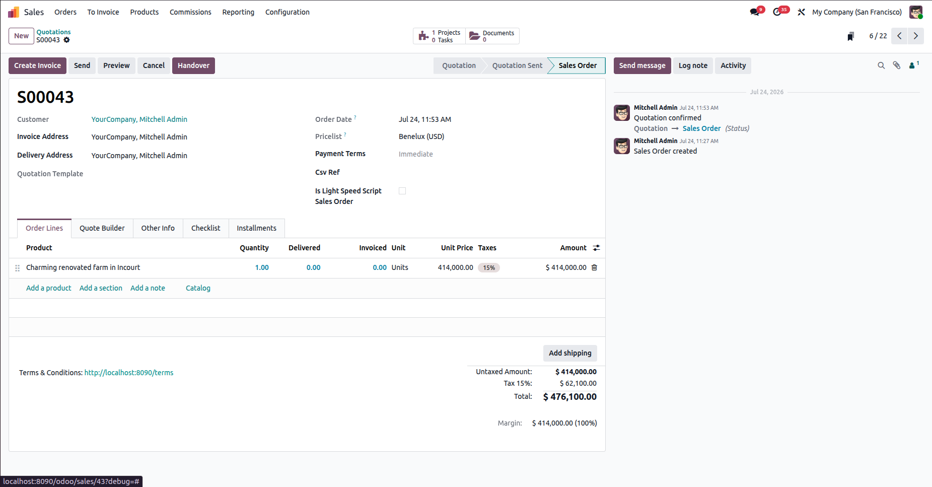 Odoo 19 sales order and booking screenshot