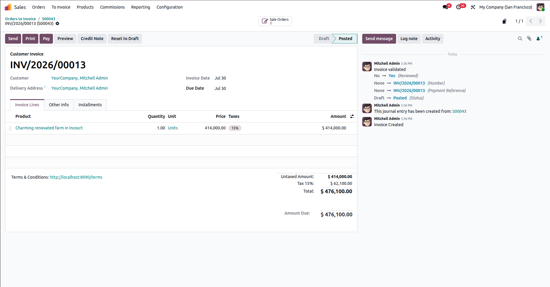 Odoo 19 customer invoice screenshot