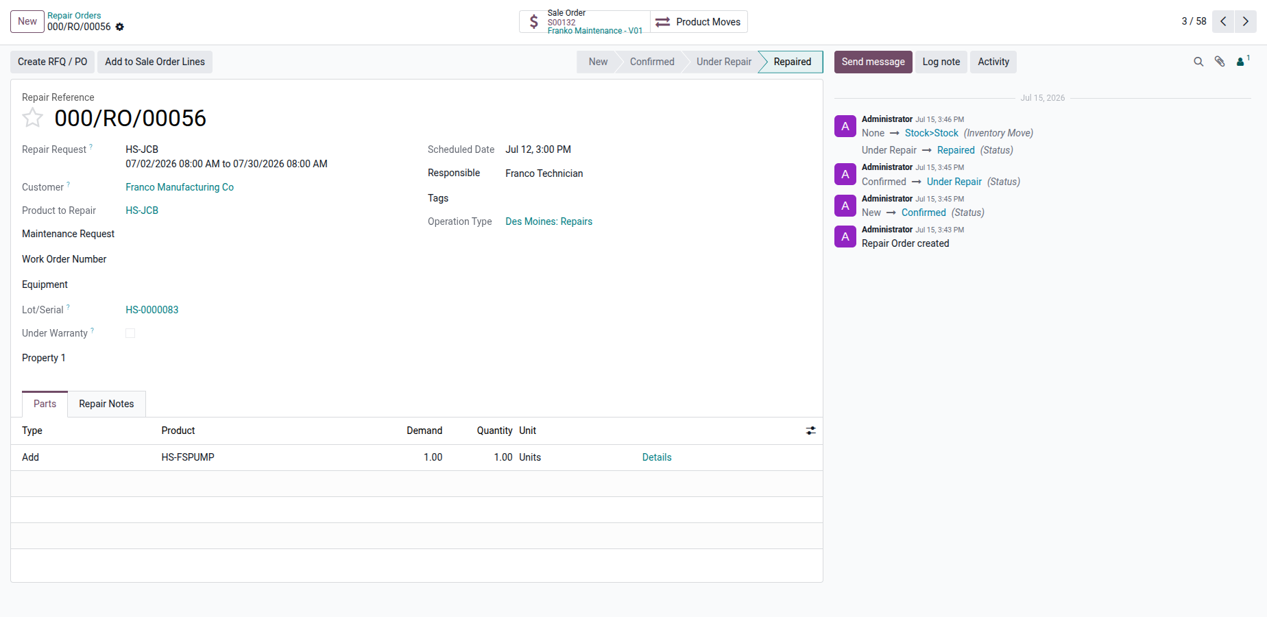 Inspections, Maintenance & Repair Odoo demo screen